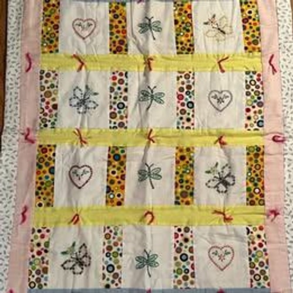 Homemade Embroidered Butterfly Dragonfly Heart Baby Quilt Blanket